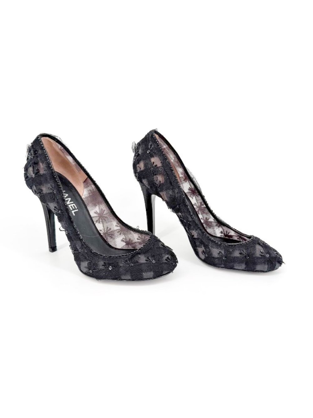 Chanel CC Bead-Embellished Pumps Black Mesh Lace Heels Size 38.5 US 7.5-8